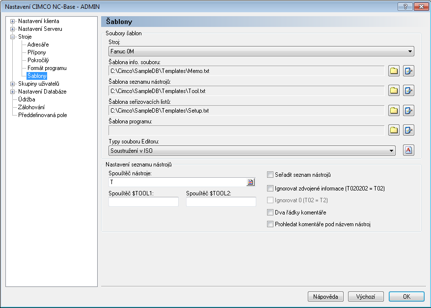 214 Nastavení NC-Base 6.3.5 Šablony Použijte tento dialog pro konfigurování šablon programu a přidružených souborů.