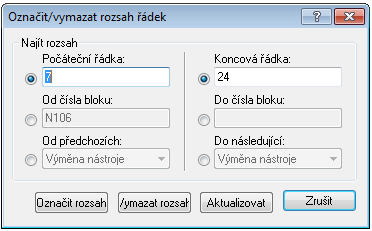 42 Záložky programu Dialog Označit/Smazat rozsah. Zde zadáváte rozsah řádků nebo čísel bloků, které mají být označeny nebo smazány.