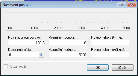 Záložky programu 45 Nová hodnota posuvu Dialog Nastavení posuvu. Do tohoto pole zadejte procento, na které má být posuv změněn. Minimální hodnota Do tohoto pole zadejte minimální hodnotu (v mm/min).