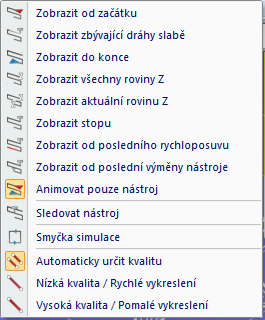 72 Záložky programu Volby simulace dráhy nástroje. 3.4.4 Nástroj Tato kapitola popisuje Nástroj, funkci vykreslování. Funkce v této nabídce řídí znázornění nástroje v simulaci. Nabídka Nástroj.