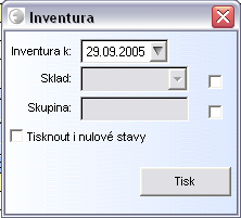 nejprve povolit výběrm zaškrtávacím polem. Storno Zobrazení náhledu a následný tisk zahájíte kliknutím na tlačítko Tisk. Tlačítkem Inventura Inventurní soupis je k dispozici v menu Sklad / Sestavy.