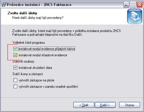 Instalace volitelného modulu Sklad Nová instalace programu 2HCS Fakturace V případě, že instalujete program 2HCS Fakturace z kompletního instalačního balíčku, stačí ve čtvrtém kroku instalace