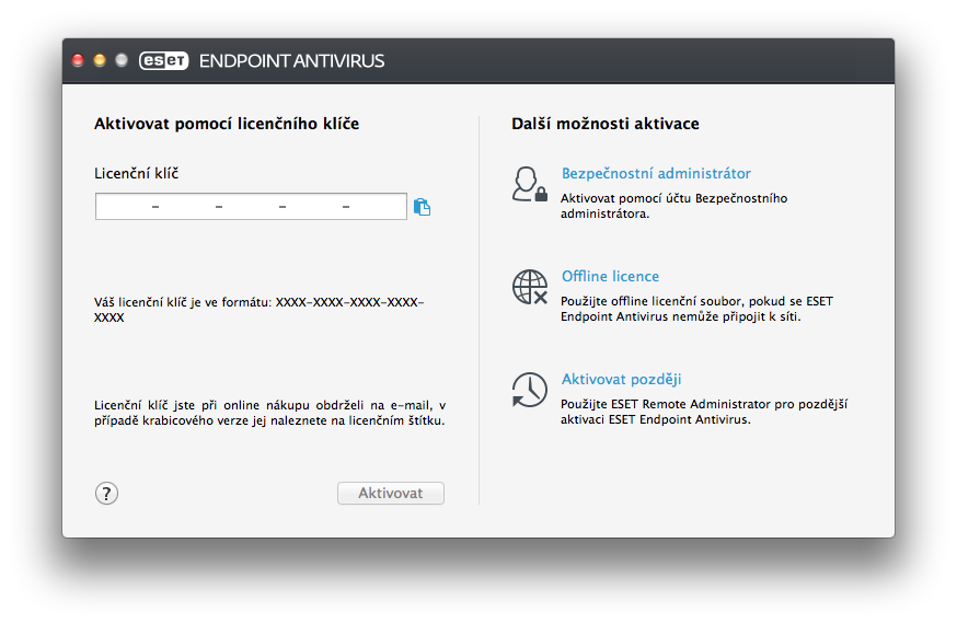 Pro aktivaci ESET Endpoint Antivirus klikněte na ikonu na hlavním panelu OS X a vyberte možnost Aktivovat produkt.