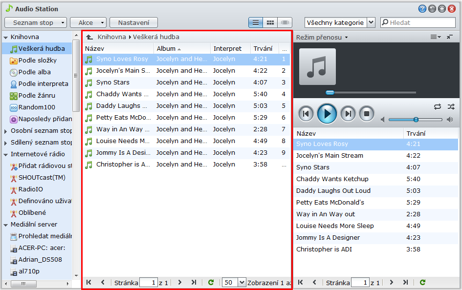 Organizace hudby Po výběru jednoho ze zvukových zdrojů nalevo můžete procházet jeho obsah v hlavní oblasti stanice Audio Station a organizovat oblíbenou hudbu do seznamů stop.