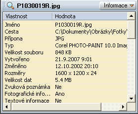 Režimy jsou tyto: Náhled. Je zobrazen náhled obrázku a základní informace o něm. Informace.