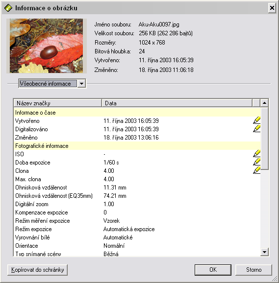 3. Katalogizace fotografií 3.1 Co jsou to informace EXIF? Digitální fotoaparáty vkládají do záhlaví fotografie různé informace o nastavení fotoaparátu v době expozice podle standardu EXIF.