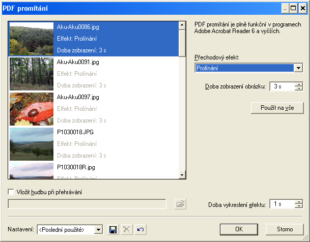 Obrázek 44 Dialogové okno PDF promítání. Zde vyberte přechodový efekt, který chcete při promítání použít, dobu zobrazení fotografie. Také můžete zvolit hudbu, která bude na pozadí promítání.