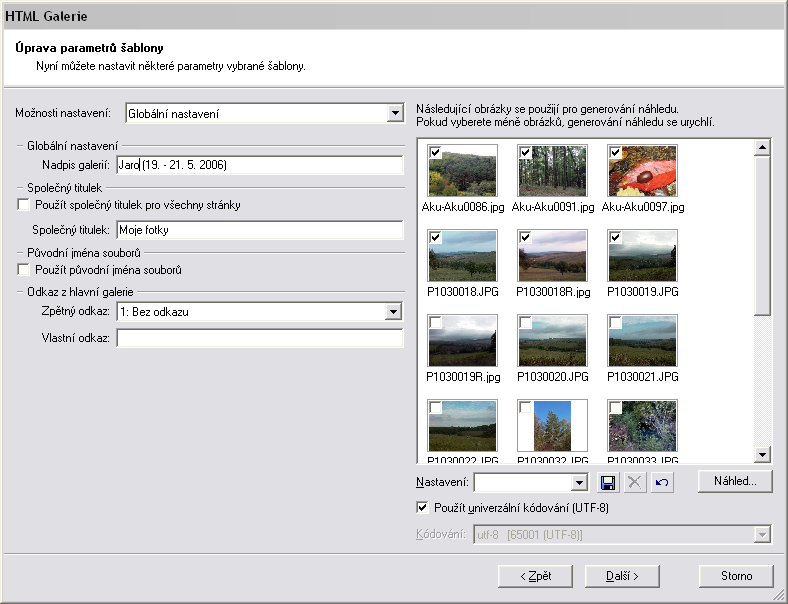 Obrázek 53 Úprava parametrů šablony v HTML galerii. Dalším krokem průvodce je úprava parametrů.