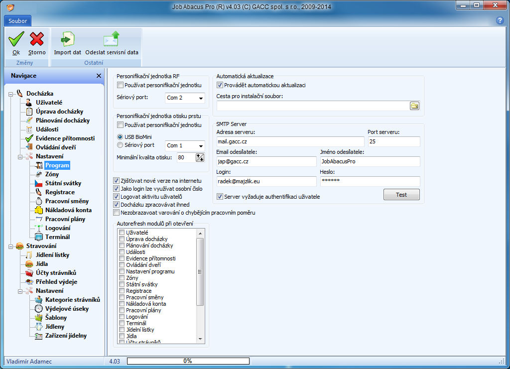 Odesílat servisní data: Import dat: tímto se odesílá záloha databáze a případné logy programu. Import dat z verze JobAbacus 1.