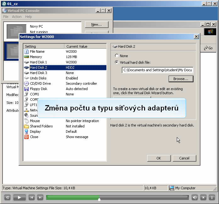 Obr. 16.2 Vytvoření nového virtuálního HDD Nastavte typ síťové karty virtuálního počítače na fyzickou (viz Obr. 16.3).