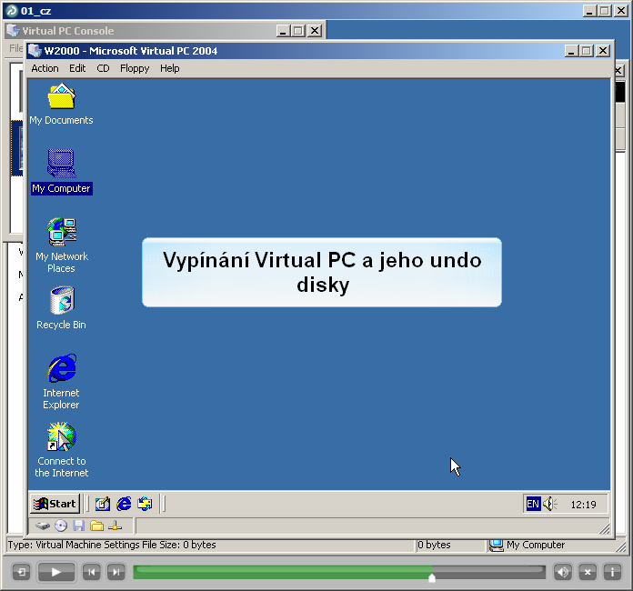 Obr. 16.4 Připojení ISO obrazu CD Proveďte vypnutí virtuálního počítače s Windows2000 a jeho opětovné spuštění se zachováním předchozího stavu (viz Obr. 16.5) Obr. 16.5 Vypínání virtuálního PC se zachováním stavu 16.