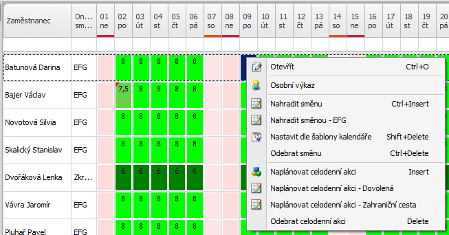 Odebrání směny 1. Vyberte (pomocí klávesy control) příslušné kalendářní dny. 2.