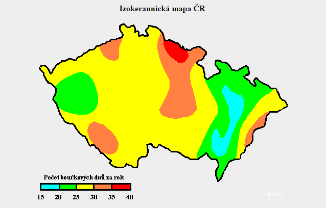 Obr. č. 13 Izokeraunická mapa ČR 154 Druhy blesku, které mohou nastat: 1. Výboj blesku mezi oblaky výboj blesku, kterým se neutralizují náboje opačné polarity stejného oblaku nebo různých oblaků.