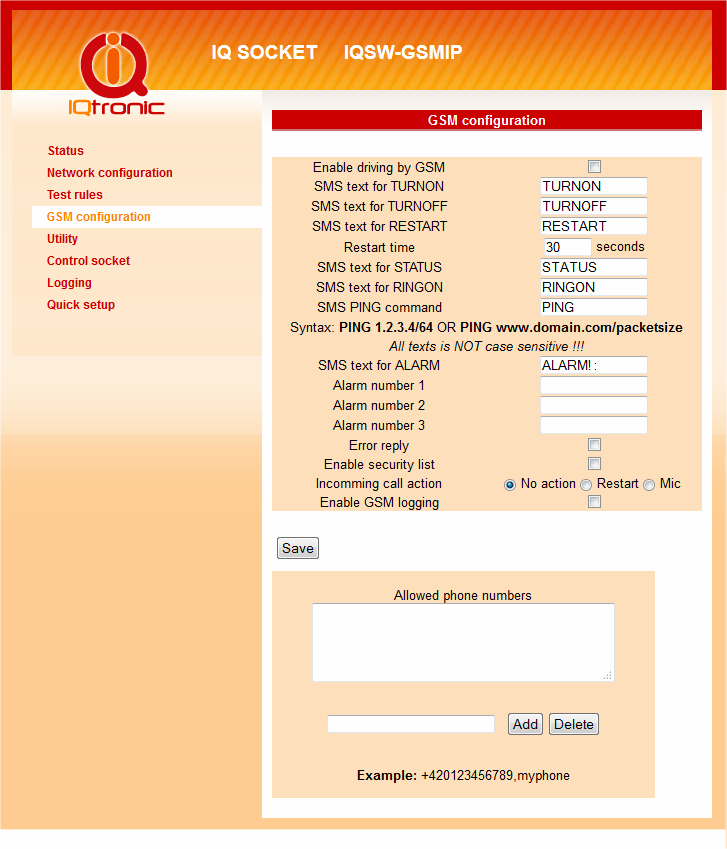 5. GSM configurations Enable driving by GSM povolení GSM brány SMS text for TURNON uživatelský text SMS pro zapnutí výstupní zásuvky SMS text for TURNOFF uživatelský text SMS