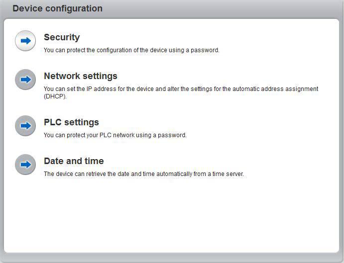 Nastavení zařízení V oblasti konfigurace můžete upravit nastavení pro zabezpečení sítě, HomePlug, datem a časem.