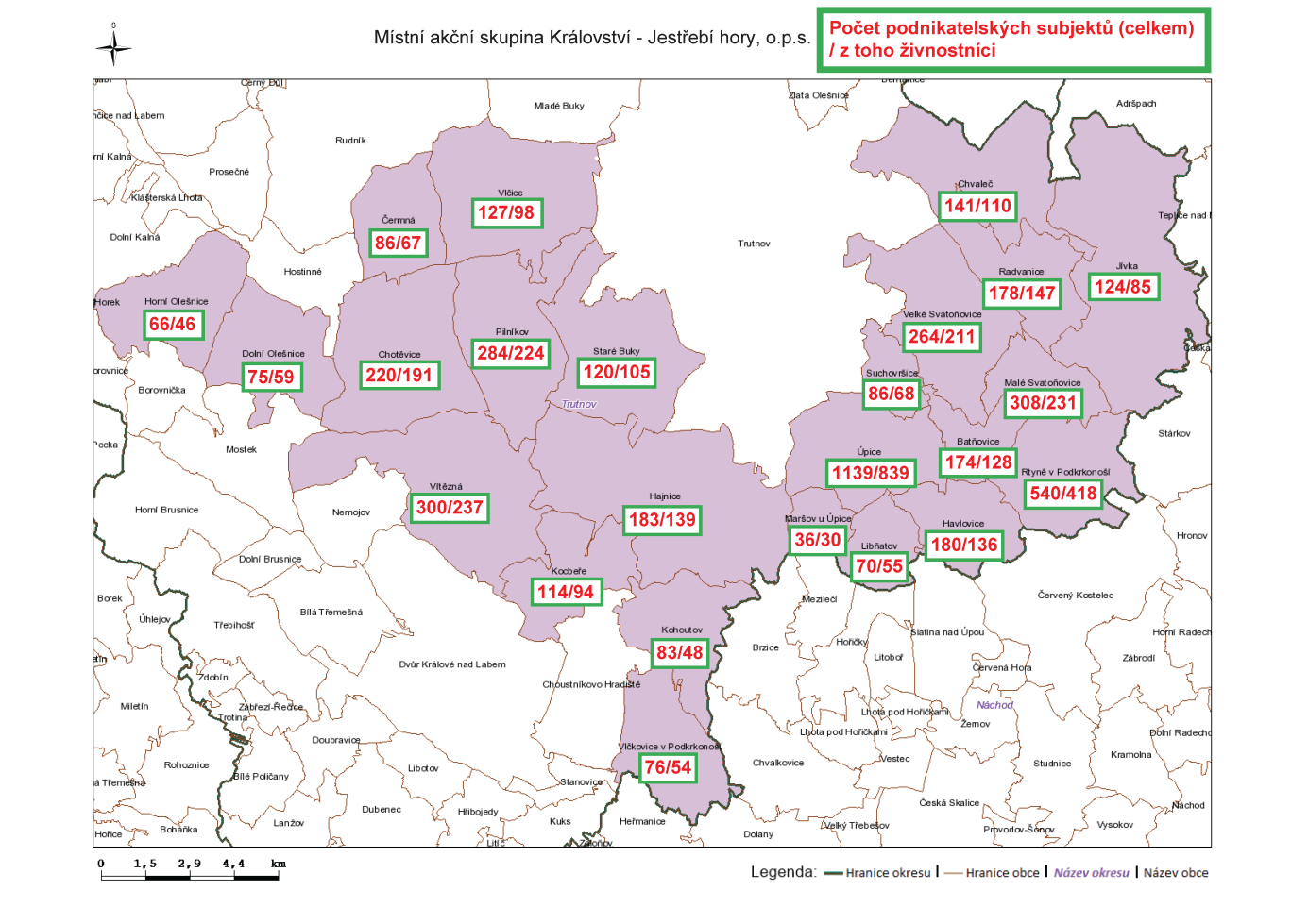 Mapa č. 3 Počet podnikatelských subjektů na území MAS (z toho živnostníci) 16 Zdroj: Databáze MAS (eagri) - doplněno 4.4.2 Trh práce Dle údajů za okres Trutnov, na jehož území se MAS KJH, o.p.s. nachází, je patrná rostoucí míra nezaměstnanosti od r.
