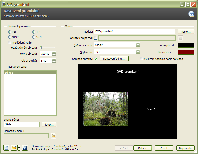 Volba styl menu umožňuje nastavit rozvržení úvodní obrazovky a počet sérií (kapitol), které bude DVD mít Např.