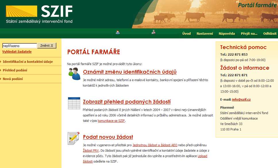 Sluţby zprovozněné na PF SZIF Přihlášení uţivatelé mají v záloţce Nastavení (horní lišta) moţnost aktivovat si Zasílání informací na e-mail.