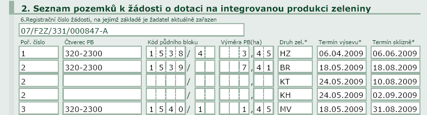 Vzhledem k tomu, ţe LPIS nezná jednotlivé druhy ovocných dřevin a keřů, musí ţadatel i v případě předtištěné ţádosti vyplnit pěstovaný druh dřeviny nebo keře.