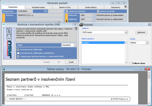 6 Hromadná kontrola v číselníku obchodních partnerů Tuto funkci lze spustit v číselníku Obchodní partneři z menu Volby obchodních partnerů Kontrola v insolvenčním rejstříku (ISIR).