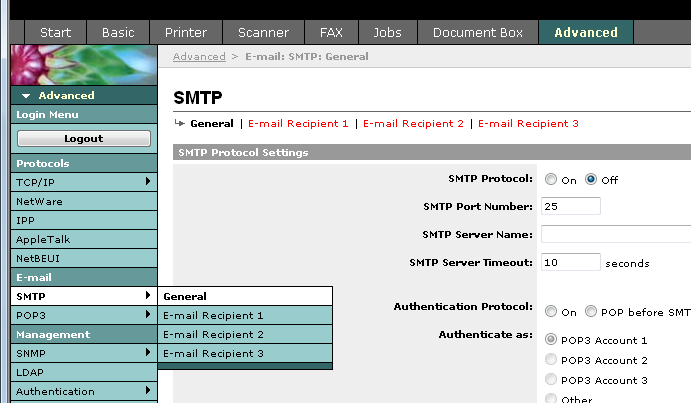 Příprava před použitím > COMMAND CENTER (nastavení pro e-mail) Odesílání e-mailů Zadáte-li nastavení protokolu SMTP, bude možné odesílat obrázky načtené do zařízení jako přílohy e-mailů.