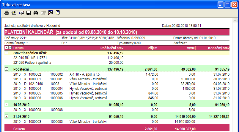 Faktury součet všech přijatých schválených faktur, které obsahují číslo finančního plánu i číslo finanční objednávky a IČ dodavatele. Tisk finančního plánu Tlačítko Tisk Fin.