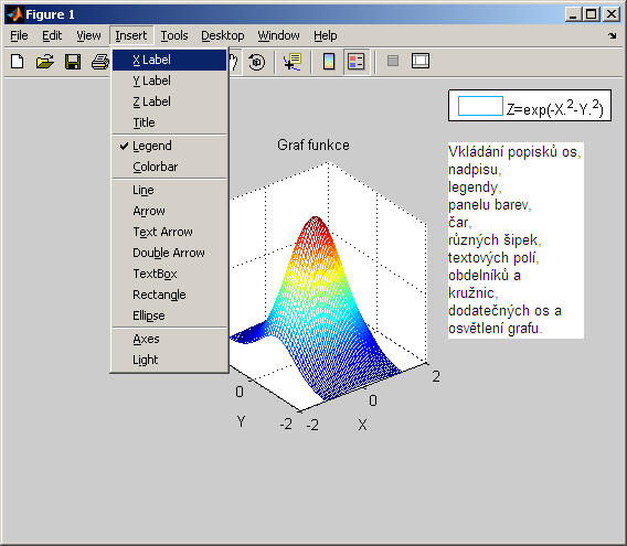58 7 3D GRAFIKA Po aplikaci některých funkcí interaktivní editace může graf vypadat např. takto: Graf funkce 1 1 0.8 X: 0 Y: 0 Z: 1 0.9 0.8 0.7 Z 0.6 0.4 0.2 Z=exp( X. 2 Y. 2 ) 0.6 0.5 0.4 0.3 0 2 0 Y 2 2 0 X 2 0.