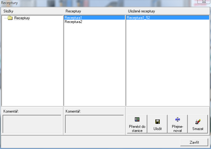 56 Receptury 2.10 Receptury Receptura je skupina proměnných v připojené stanici, jejichž hodnoty lze uložit na disk a později takto uložené hodnoty z disku znovu načíst a přenést do připojené stanice.