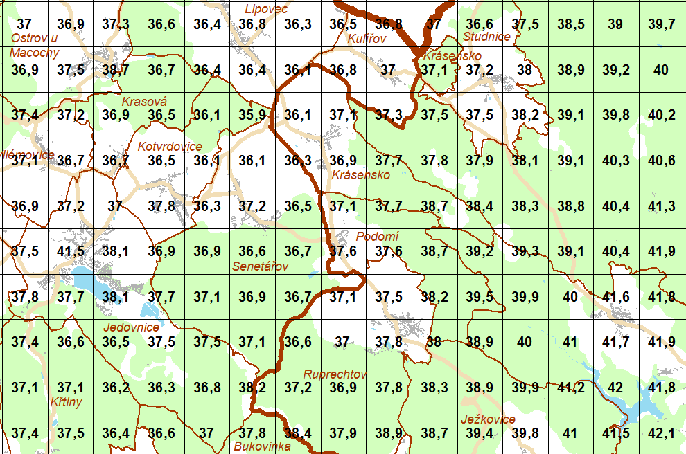 Obr. 2 Pětileté průměry průměrných ročních koncentrací PM 10 v Podomí a okolí