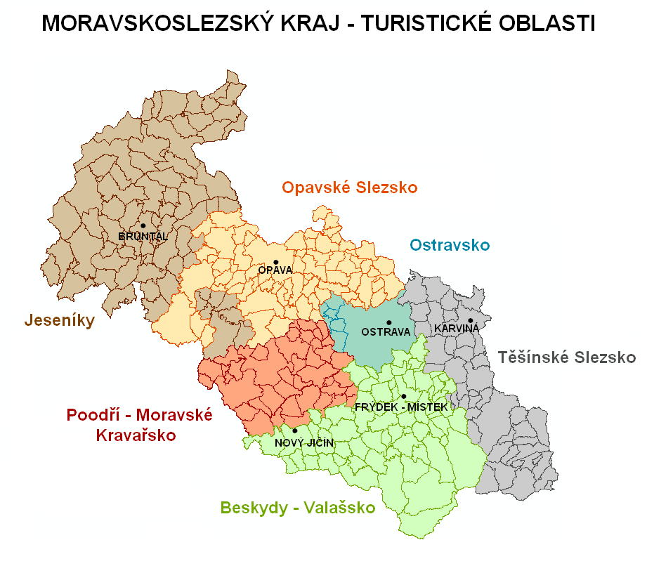 Obrázek 2: Mapa Moravskoslezského kraje s vyznačením turistických oblastí 1.2.3.