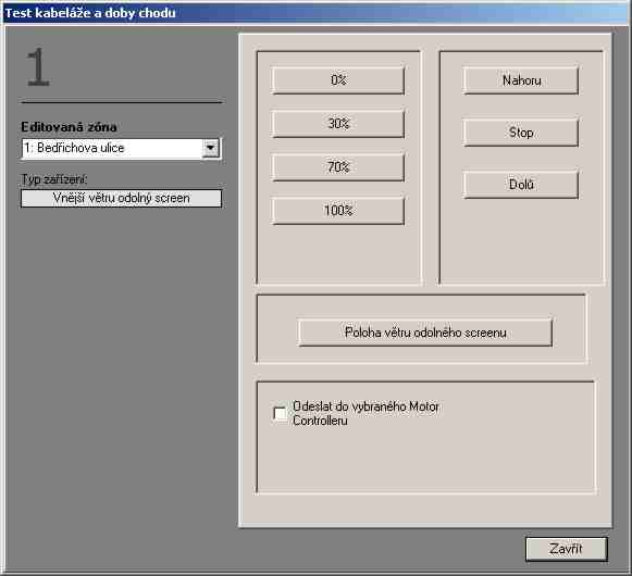 Jak využívat tento testovací nástroj : Vyberte zónu pro testování Vyberte požadovanou akci stlačením příslušného tlačítka Poznámka : Lze též poslat příkaz konkrétnímu motor controlleru namísto celé