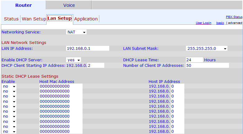 2.2. Nastavení položky LAN Pro správné nastavení položky LAN je potřeba nastavit tyto parametry: Networking Service: NAT LAN IP Address: 192.168.0.1 LAN Subnet Mask: 255.255.255.0 Enable DHCP Server: yes 3.