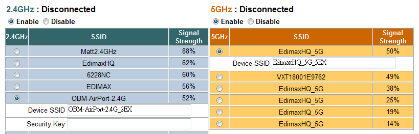 6. Pro každou síť, kterou zvolíte, můžete zadat položku Device SSID (Identifikátor SSID zařízení), která představuje název pro identifikaci zařízení EW-7238RPD v bezdrátové síti Wi-Fi.