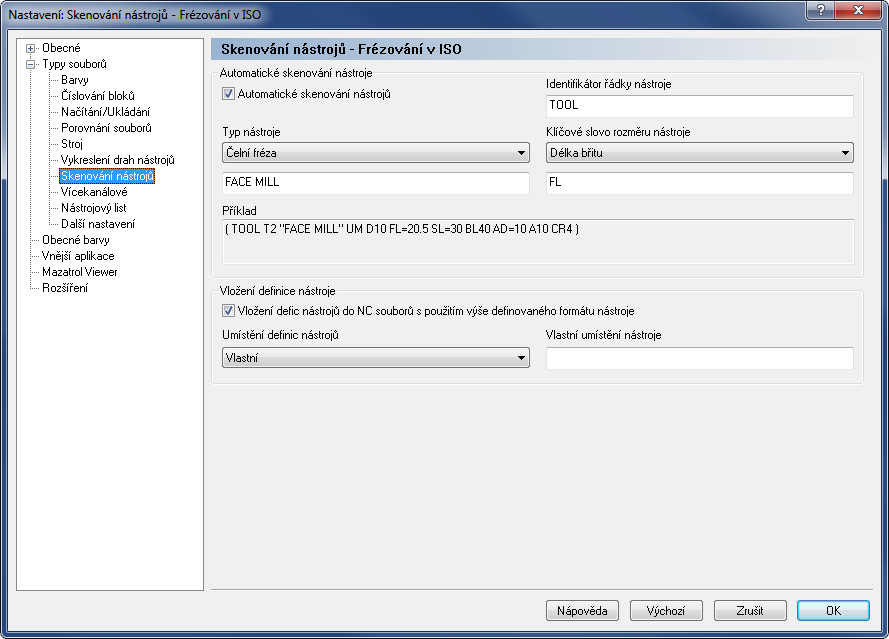 Nastavení editoru 109 Při použití Automatického skenování nástrojů vyhledává skener nástrojů řádky v NC souboru, které obsahují identifikátor řádku nástroje.