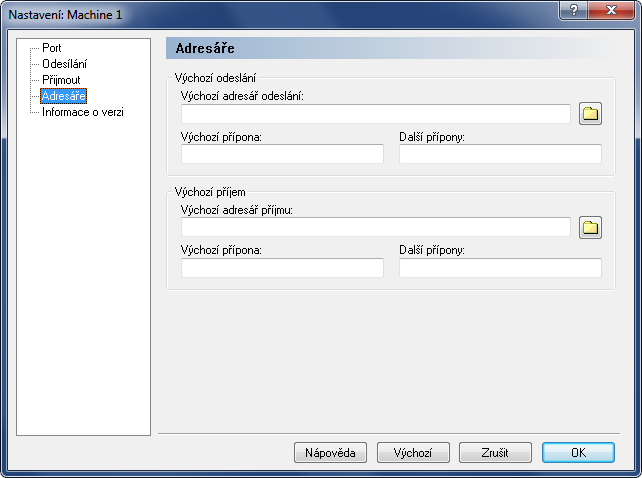 Nastavení DNC 136 7.4. Nastavení adresářů V následujícím dialogu můžete definovat adresáře Odeslání a Příjmu. Pro nastavení adresářů klikněte na Adresáře v seznamu vlevo v oknu Nastavení stroje.