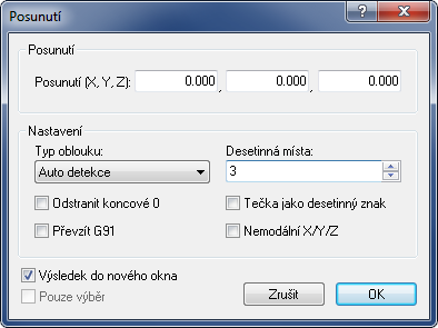 NC Funkce 37 Posunutí Tento dialogu posune obrys. Posun je přemístěn do polohy posunutí o hodnoty zadané do polí Posunutí (X,Y,Z). Posunutí (X,Y,Z) Dialog Posunutí.