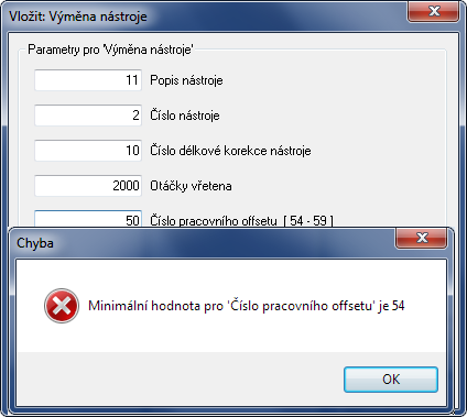 NC Funkce 47 Min Použijte toto pole pro zadání minimální hodnoty pro zvolený parametr.pokud zadáte hodnotu nižší, než je hodnota Min, budete okamžitě vyzváni k opravě.