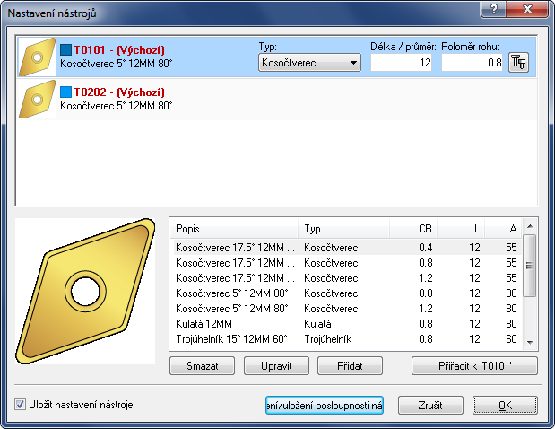 Vykreslení drah nástrojů 61 Soustružnické nástroje V soustružnických operacích kliknutí se otevře následující okno po kliknutí na ikonu Nastavení nástrojů: Knihovna
