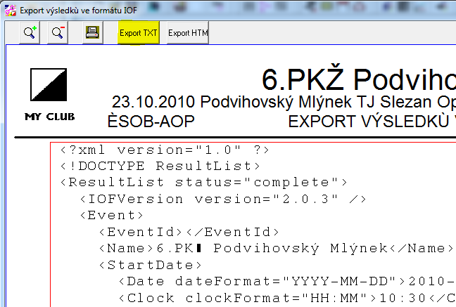 4. Zobrazený výstup uložte pomocí "Export TXT" do txt souboru.