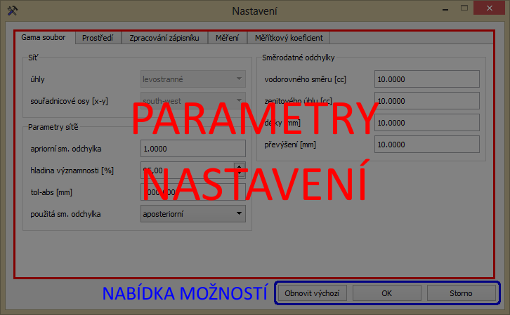 7.2 Okno Nastavení Toto okno má opět strukturu, v podobě karet, které představují jednotlivé Parametry nastavení uspořádané do pěti skupin. V dolní části máme Nabídku možností.