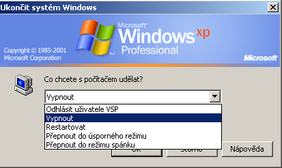 Obrázek 9 Ukončení systému Windows Po vybrání správné volby pro daný okamžik stačí levým