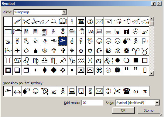 Obrázek 67 Okno se znaky písma Wingdings Po výběru vhodné odrážky levým tlačítkem myši klepnete na tlačítko OK a vrátíte se zpět do okna Vlastní seznam odrážek.