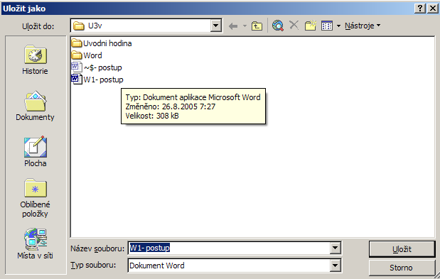 Obrázek 68 Okno Uložit jako V seznamu Uložit do: si nastavíte cestu, kam soubor ukládáte. Ve vašem případě to je tato cesta: H:\Word. Výběr cesty se provede stejně, jako při otevírání souboru.