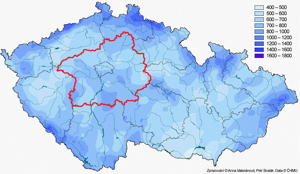 Mapa 3: Roční srážkový úhrn, ČR, 2013 [mm] Zdroj: ČHMÚ 3.