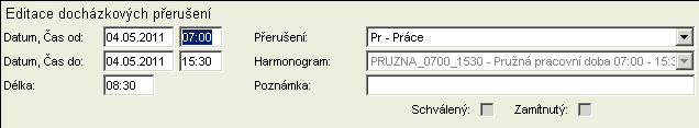 2.2. Postup editace neschválených přerušení Editaci neschválených přerušení lze provádět v Grafickém Editoru E nebo v Editaci docházkových přerušení G. V grafickém editoru E 1.