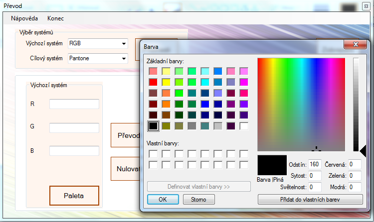 Příloha B Uživatelská dokumentace Popis programu Po spuštění programu se otevře okno pro výběr a realizaci převodů mezi barevnými systémy. Obr. 0.