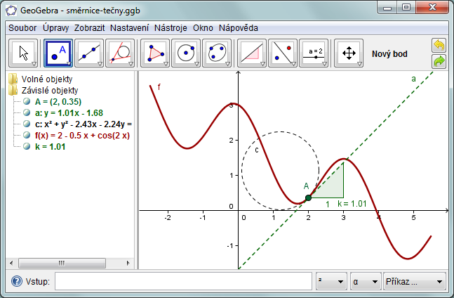 Směrnice tečny, extrémy funkce Úloha 11 Funkce f(x) = 2 1 x + cos 2x je definována na uzavřeném intervalu 2,5; 5,5. 2 a) Sestrojte graf funkce f(x).