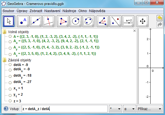 Soustavy rovnic Úloha 16 Řešte soustavu rovnic o neznámých x, y, z, w: 2x + 3y z = 5 x + 2y 3z + 2w = 4 3x + 4y + 2z 2w = 9 x + y z + w = 2 Použijeme Cramerovo pravidlo: určíme determinant soustavy A