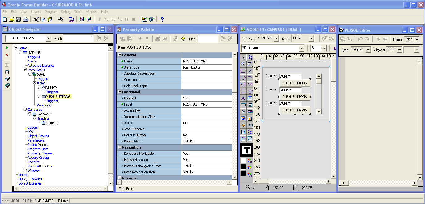 Typy oken v Oracle Forms Developer Object Navigator (hierarchie objektů aplikace vč.