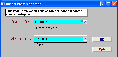 Modul Zboží 1.6.9 19 Karta zboží - výrobek Ukazuje veškeré informace o materiálu a procesu výroby, který byl použit pří výrobě vybraného výrobku. 1.7 Rušení duplicit zboží Funkce pro rušení duplicity zboží provede náhradu zboží zbožím zastupujícím ve všech souvisejících dokladech.